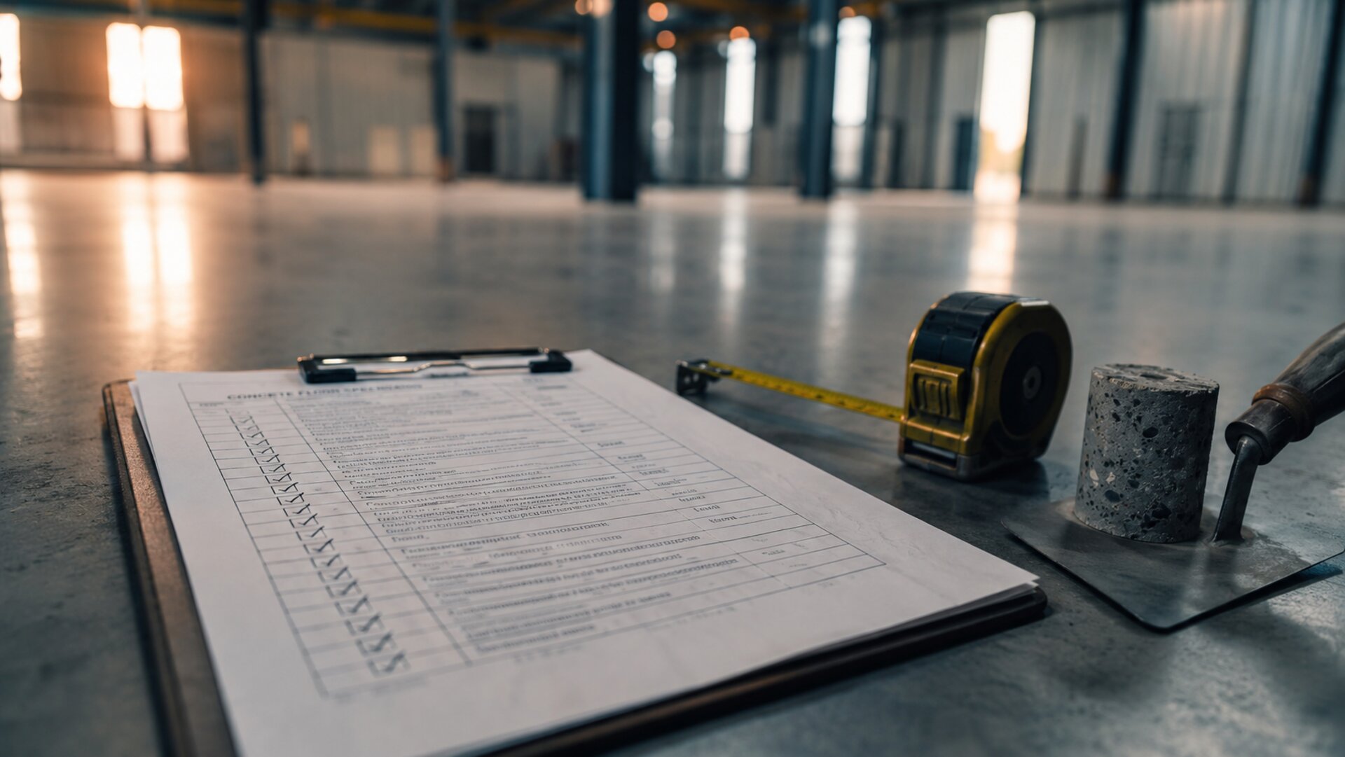 Concrete floor specification checklist with a core sample and tools on a polished warehouse floor