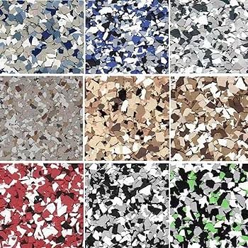 Grid of decorative flake color blend samples in blues, grays, tans, reds and greens