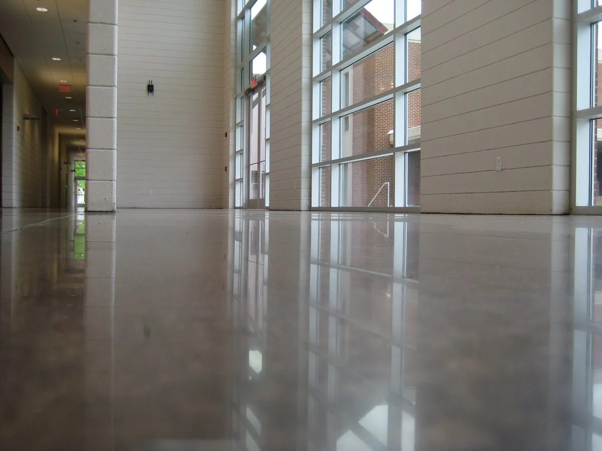 Mirror-polished concrete hallway in a public building