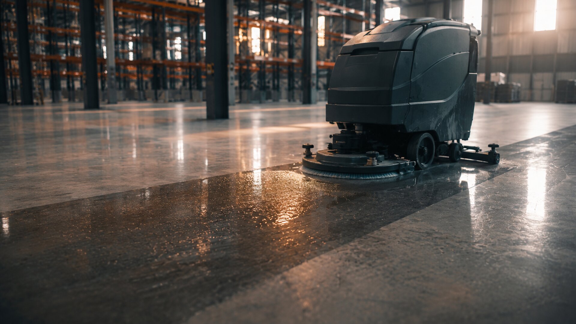 Auto-scrubber floor machine cleaning a polished concrete warehouse floor