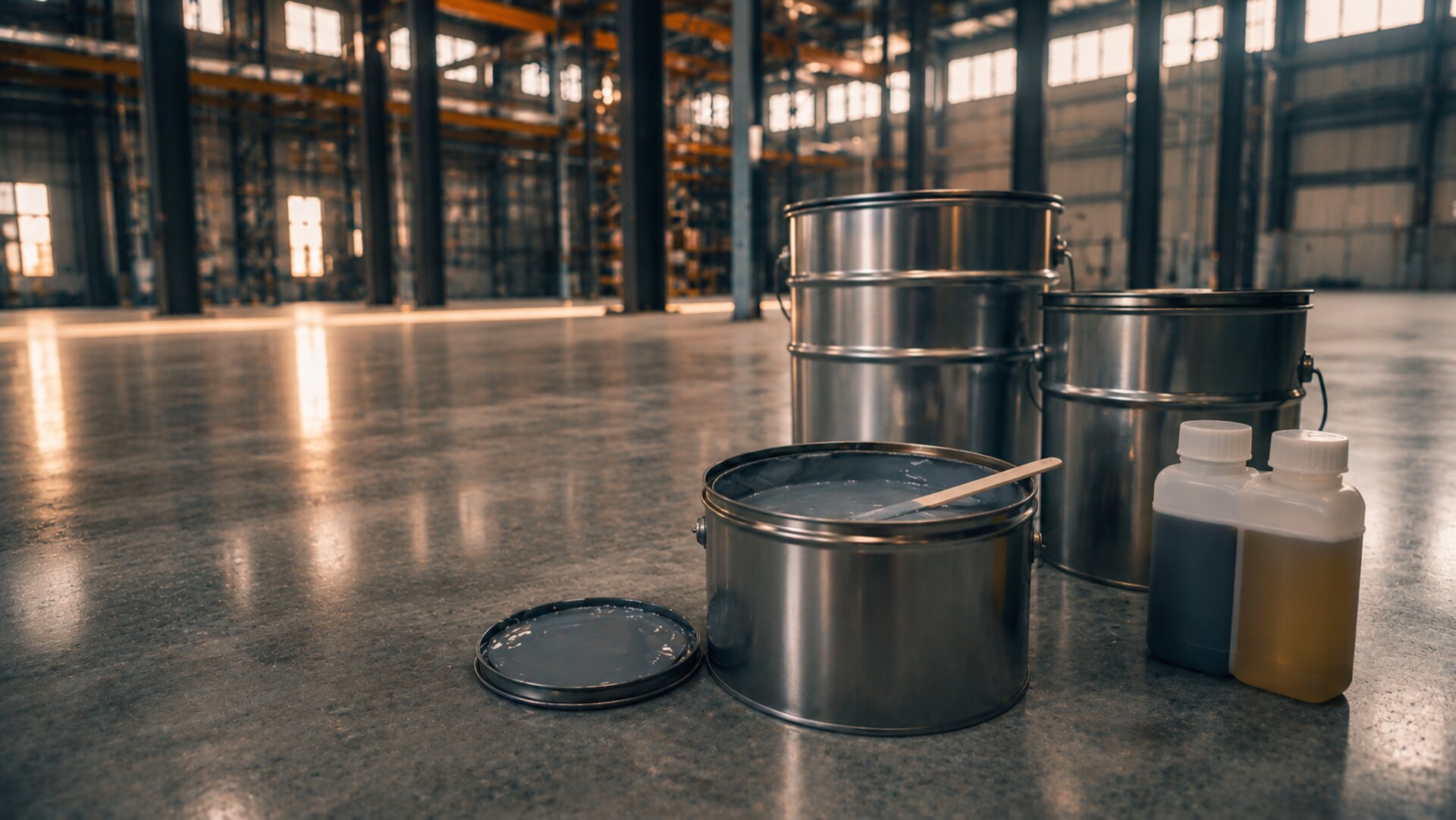Open epoxy paint cans and hardener bottles on a polished concrete warehouse floor