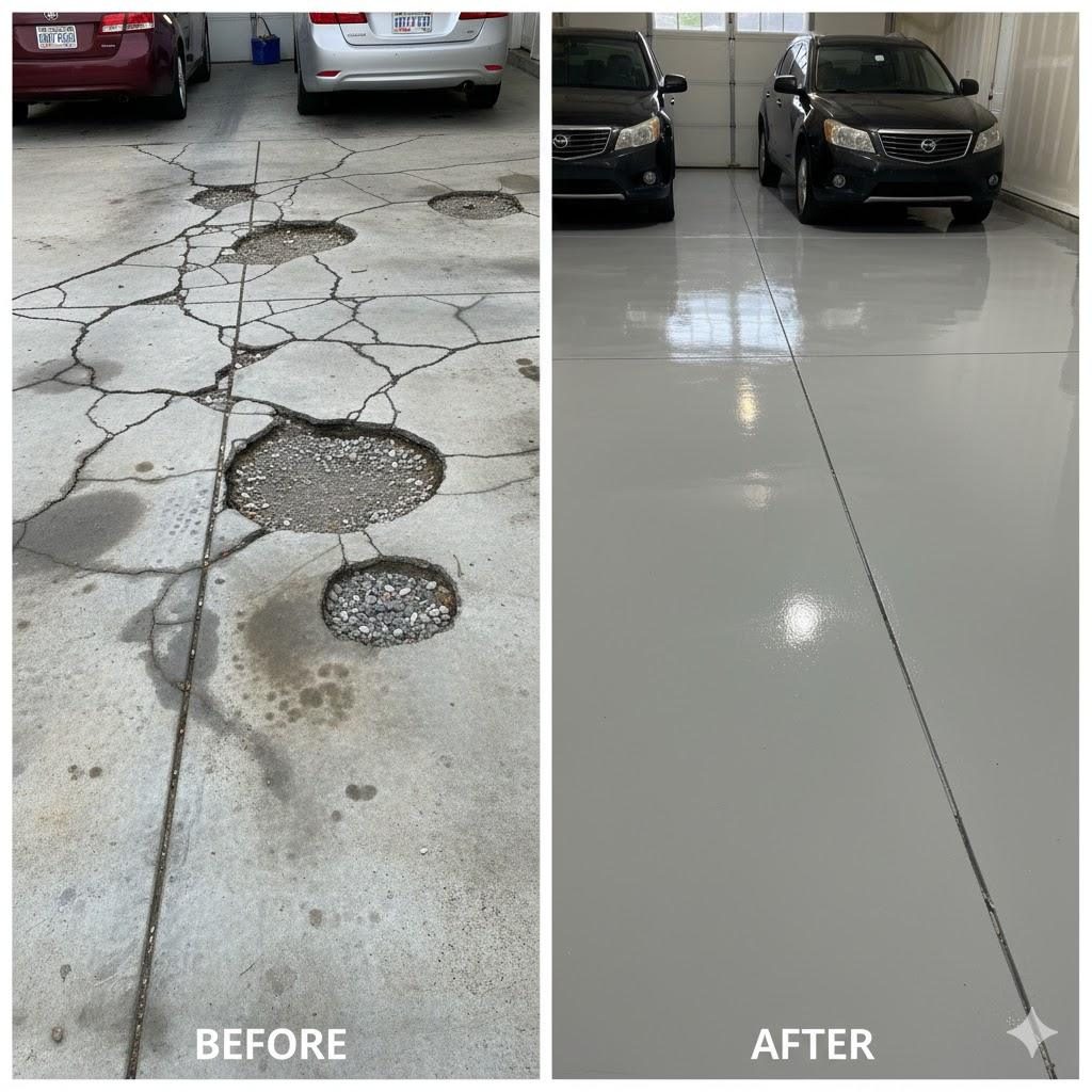 Before and after of a cracked garage floor coated in solid gray epoxy